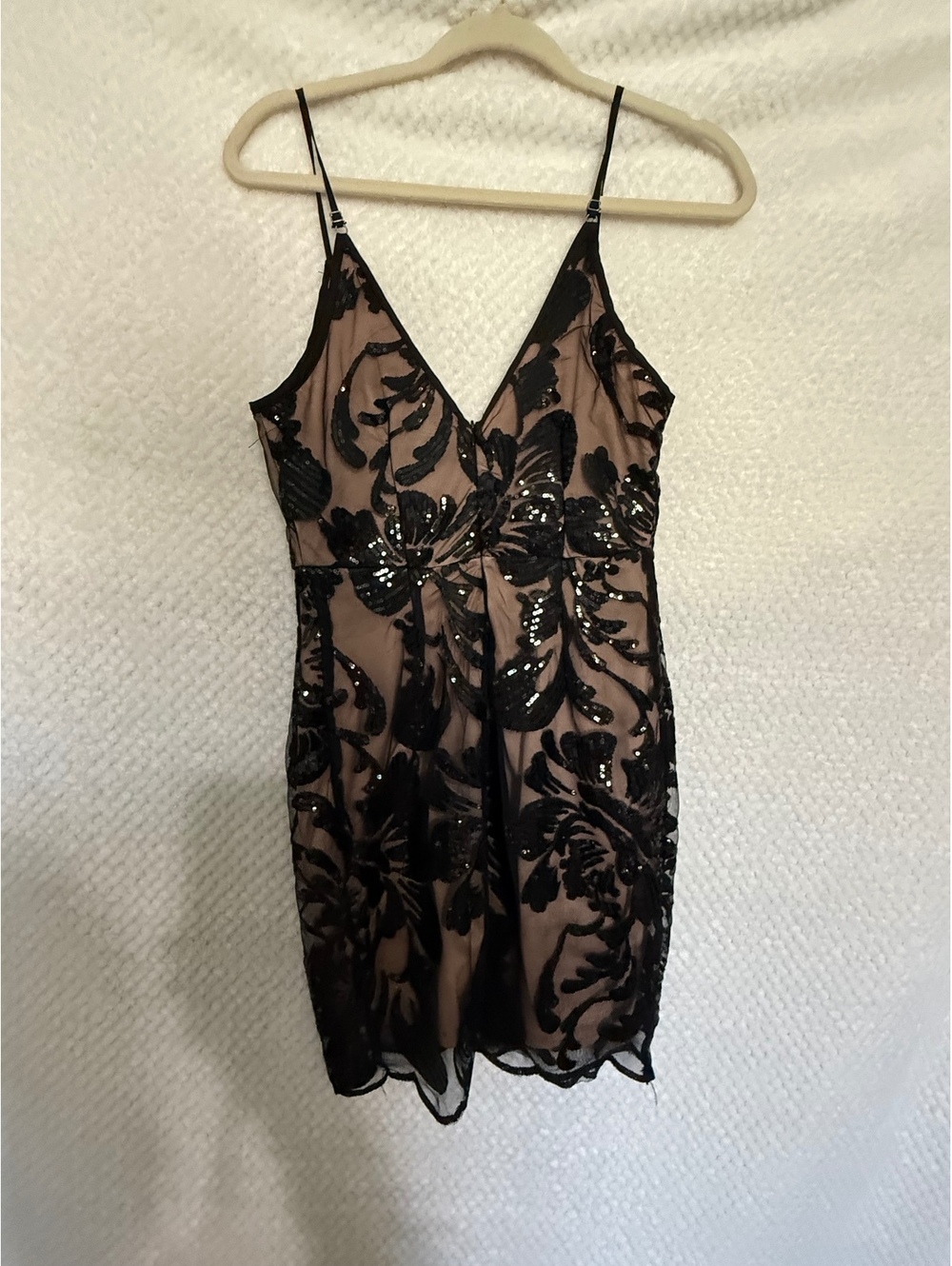 A.PEACH Black Sequin Embellished Mini Dress with Nude Lining Size S